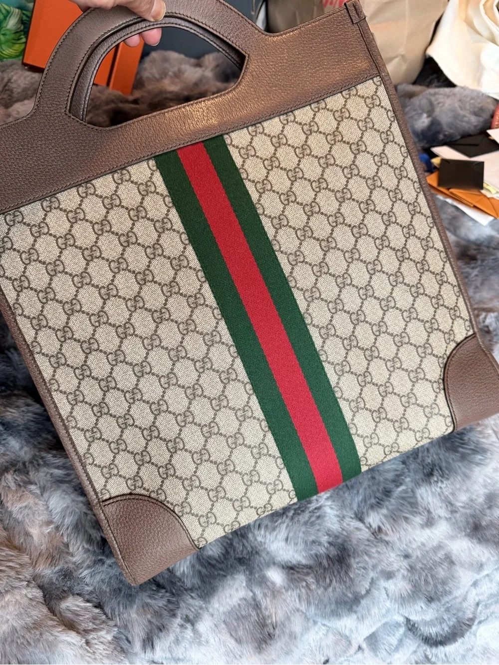 Gucci Brown Monogram tote Bag with Green & Red Web